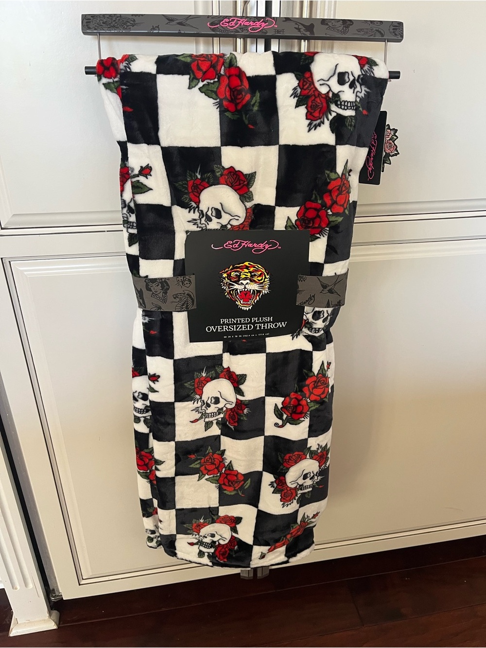 Ed Hardy Checkerboard Skull & Rose Plush Throw Blanket